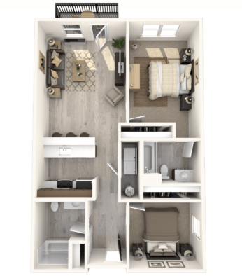 Floor plan for 2 beds, 2 baths, 975 sqft